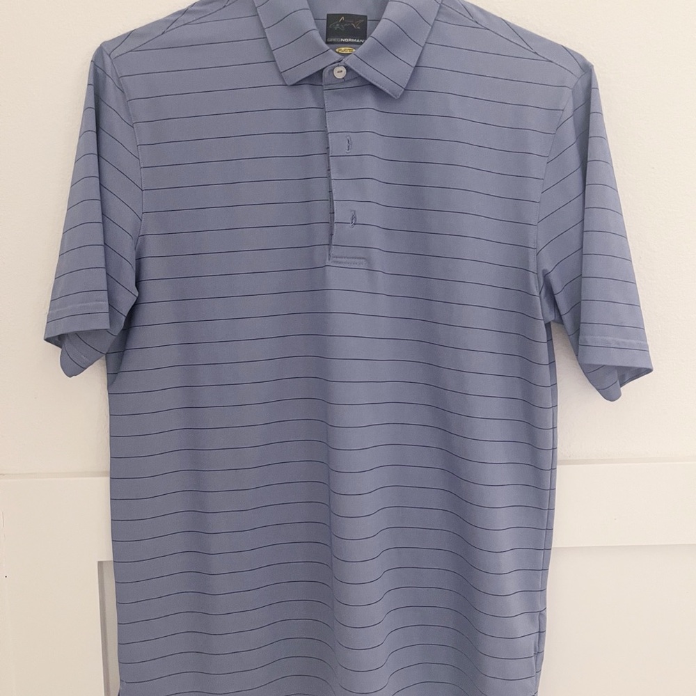 Greg Norman Play Dry Men's Blue Striped Gold Polo Shirt - size Small